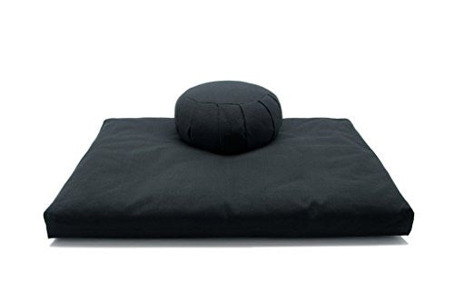 Deluxe Zafu & Zabuton 2 Piece Set - Yoga/Meditation Cushions - Made in USA - Buckwheat or Kapok Fill (black, kapok fibers)