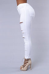 Ermonn Women's Distressed Ripped Denim Pencil Jeans Stretch, White, Small