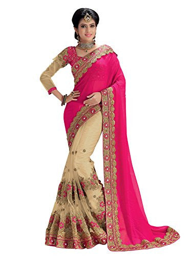 Kanchnar Women's Pink and Beige Georgette and Net Heavy Embroidery Wedding Wear Saree with Embroidered blouse piece,Best Selling Sari For Party Wear,Girls Clothing