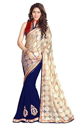 Sourbh Women's Saree (8219_Beige,Navy Blue)