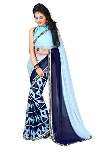 Oomph! Women's Georgette Sarees Party Wear/Fancy Georgette Sarees/Printed Georgette Sarees - Sku Blue & Denim Blue