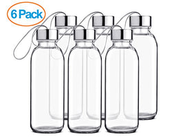 Chef's Star Glass water Bottle 6 Pack 16oz Bottles For Beverage and Juice, Stainless Steel Caps with Carrying Loop