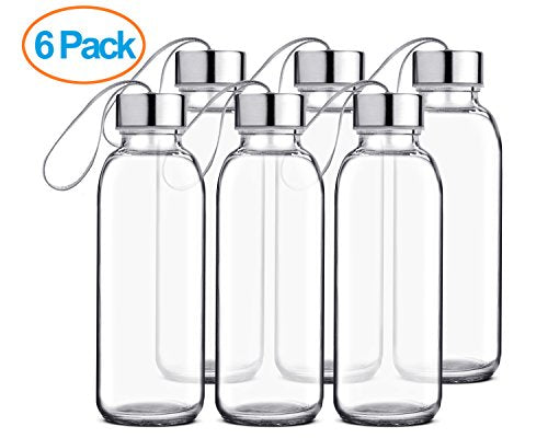Chef's Star Glass water Bottle 6 Pack 16oz Bottles For Beverage and Juice, Stainless Steel Caps with Carrying Loop