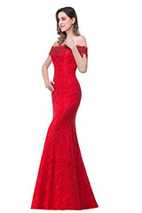 Off Shoulder Lace Long Bridesmaid Maxi Mermaid Prom Dress for Wedding CPS199, Red, 8