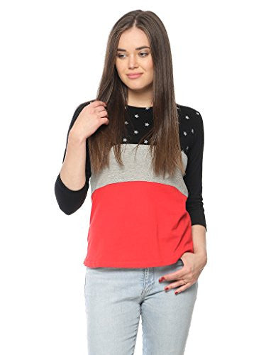 Vvoguish Black/Grey Melange/Red Star Printed Top