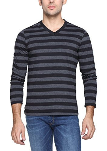 PepperClub Men's Cotton Vneck Full Sleeve T-shirt -Stripe - Black