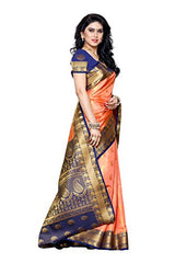 Mimosa Women's Traditional Art Silk Saree Kanjivaram Style With Blouse Color:Peach(3300-225-PCH-NVY )