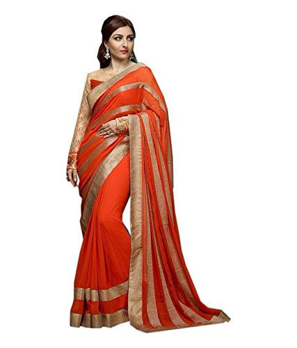 Sky Global Women's Orange Chiffon Saree With Unstitched Blouse (Orange_Saree_2031)