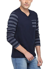 PepperClub Men's Cotton V-Neck Full Sleeve Tshirt With Striped Sleeves And Pocket