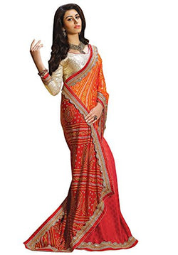 EthnicJunction Women's Party Wear Rajasthani Bandhani Saree With Blouse (EJS3-4808_Red And Orange)