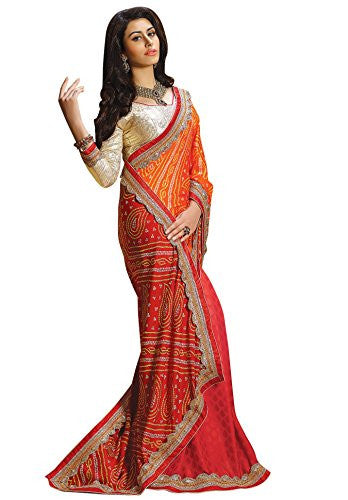 EthnicJunction Women's Party Wear Rajasthani Bandhani Saree With Blouse (EJS3-4808_Red And Orange)