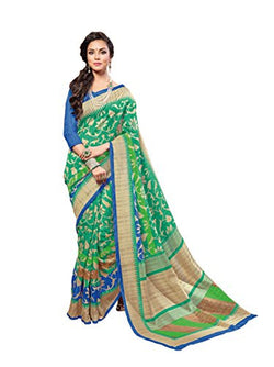 EthnicJunction Women's Cotton Silk Saree With Blouse(Green,EJ1148_2040)