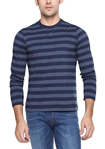 PepperClub Men's Cotton Round Neck Full Sleeve T-shirt -Stripe -Navy
