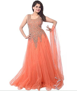 Clickedia Women's Net Semi-Stitched Gown (orange net gown_Orange)