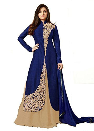 Royal Export Women's Bangalori Silk Blue and Beige Anarkali Semi-Stitched Salwar Suit