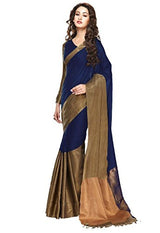 Ishin Poly Cotton Royal Blue &amp; Golden Woven Women's Saree