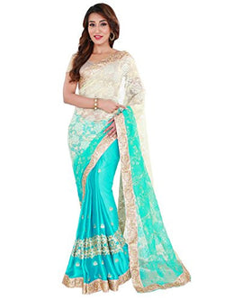 Four Seasons AquaBlue Jacquard & Satin Sari With Blouse
