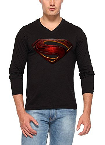 V Neck Full Sleeve SupermanT Shirt - Men's V Neck Full Hand Man of steel logo T Shirt - Black