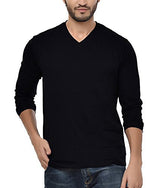 Neevov Men's V- Neck Cotton Black T-Shirt Full Sleeve-L