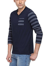 PepperClub Men's Cotton V-Neck Full Sleeve Tshirt With Striped Sleeves And Pocket