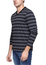 PepperClub Men's Cotton Vneck Full Sleeve T-shirt -Stripe - Black