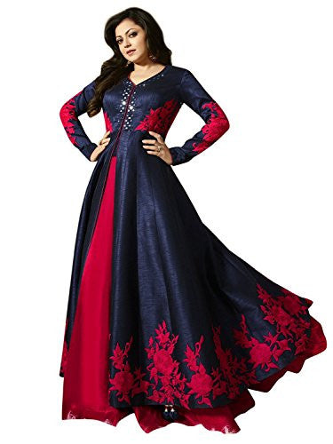 Royal Export Women's Bangalori Blue & Red Anarkali Semi-Stitched Salwar Suit