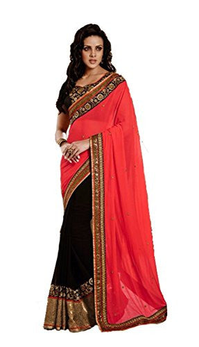 Rewa Enterprises Georgette Embroidered Party Wear Designer Fancy Saree With Blouse Piece - Red & Black