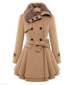 Fly Feeling Women's Winter Warm Fleece Check Hooded Double Breast Coat Jacket