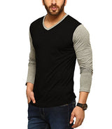Tripr Men's V-Neck Full Sleeves Tshirt Black grey (Large)
