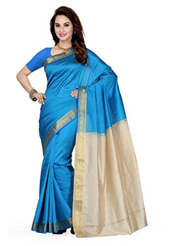 Ishin Poly Silk Blue & Cream Solid Women's Saree