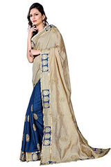 Oomph! Women's Cotton Silk Sarees Party Wear/Fancy Cotton Silk Sarees/Embroidered Cotton Silk Sarees - Navy Blue &amp; Beige
