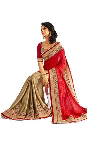Rewa Enterprises Georgette Embroidered Party Wear Designer Fancy Saree With Blouse Piece - Red
