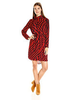 Vince Camuto Women's Long Sleeve Swept Check Belted Dress with Neck Scarf, Radiant Red, Medium
