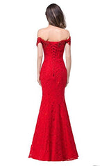 Off Shoulder Lace Long Bridesmaid Maxi Mermaid Prom Dress for Wedding CPS199, Red, 8