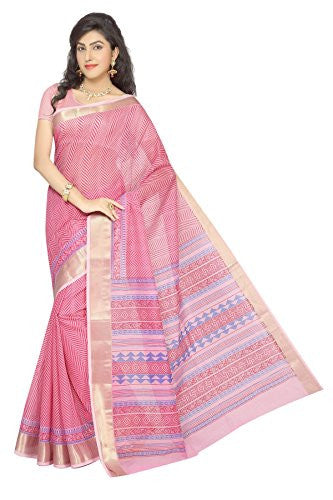 Rani Saahiba Printed Gadhwal Cotton Zari Border Saree(SKR1404_Pink)