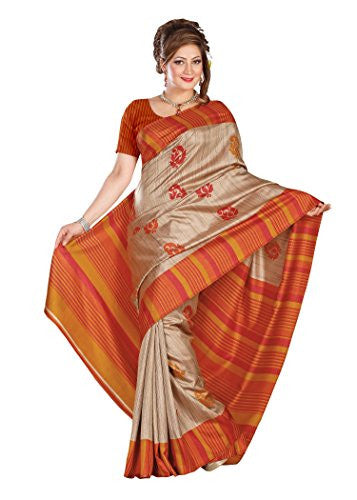 Kavvya Fashion Women's Silk Saree (SILK SHINE1012 B_BEIGE AND ORNAGE_Free Size)
