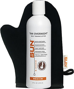 Self Tanning Lotion Tan Overnight 8 fl oz - Medium To Dark Tan for Body and Face, Organic and Natural Ingredients May Be Sun Labs Best Self Tanner. Tanning Mit With Thumb Gives Instant Drying Tan