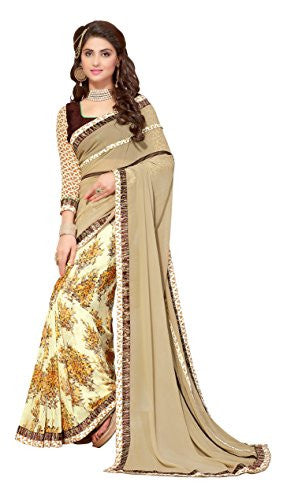 Oomph! Women's Georgette Sarees Party Wear/Fancy Georgette Sarees/Printed Georgette Sarees - Peanut Brown & Banana Yellow