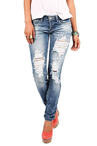 Pink Ice Women's Juniors Low Rise Ripped Straight Leg Machine Jeans, Denim,3