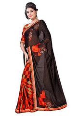 Oomph! Women's Georgette Sarees Party Wear/Fancy Georgette Sarees/Printed Georgette Sarees - Chocolate Brown &amp; Scarlet