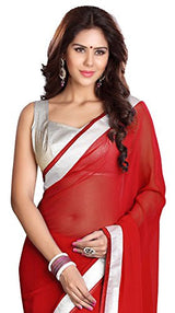 Sourbh Sarees Women's Red Faux Georgette Saree With Unstitched Blouse Piece