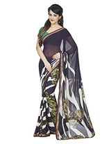 Oomph! Georgette Printed Saree With Embroidered Border (White, Umber Brown and Parakeet Green)