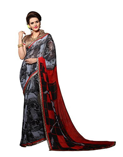 Oomph! Women's Georgette Sarees Party Wear/Fancy Georgette Sarees/Printed Georgette Sarees - Pewter Grey & Scarlet
