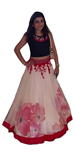 Sky Global Women's Georgette & Net White Red Lehenga With Black Embroidered Blouse (Lehnga_153_Free Size)