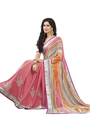 Oomph! Women's Georgette Sarees Party Wear/Fancy Georgette Sarees/Embroidered Georgette Sarees - Rose & Crepe::Peach