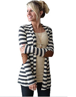 DREAGAL Women's Camel Suede Patch Striped Cardigan Gray Stripe, S