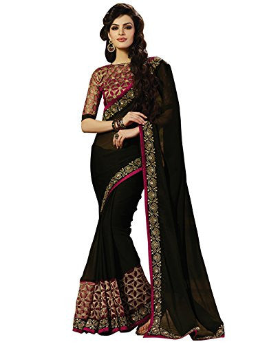 Kanchnar Embroidered Chiffon Ethnic Party Wear Saree With Blouse,Black and Maroon