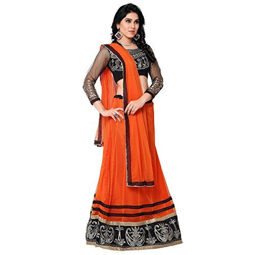 Sky Global Women's Embroidered Georgette Black & Orange Lehenga Choli (Lehnga_123_Free Size_Black&Orange)