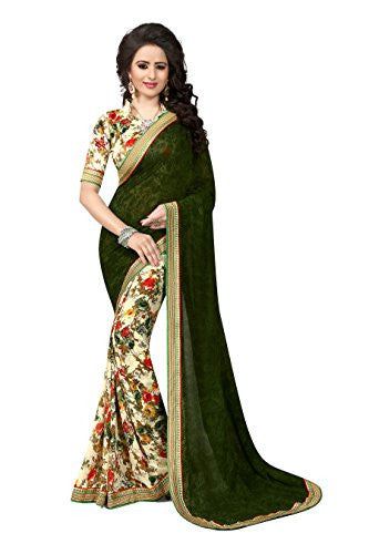 Oomph! Women's Georgette Sarees Party Wear/Fancy Georgette Sarees/Printed Georgette Sarees - Seaweed Green & Buttermilk Beige