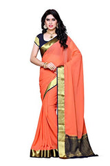 Mimosa Women's Traditional Chiffon Silk Saree Kanjivaram Style With Blouse Color:Peach(3309-2095-PCH-NVY )